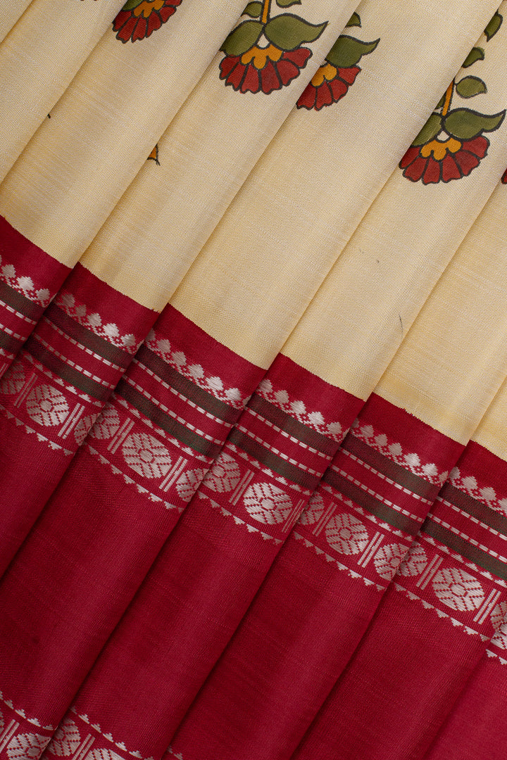 Cream Handpainted artistic Kanjivaram silk saree
