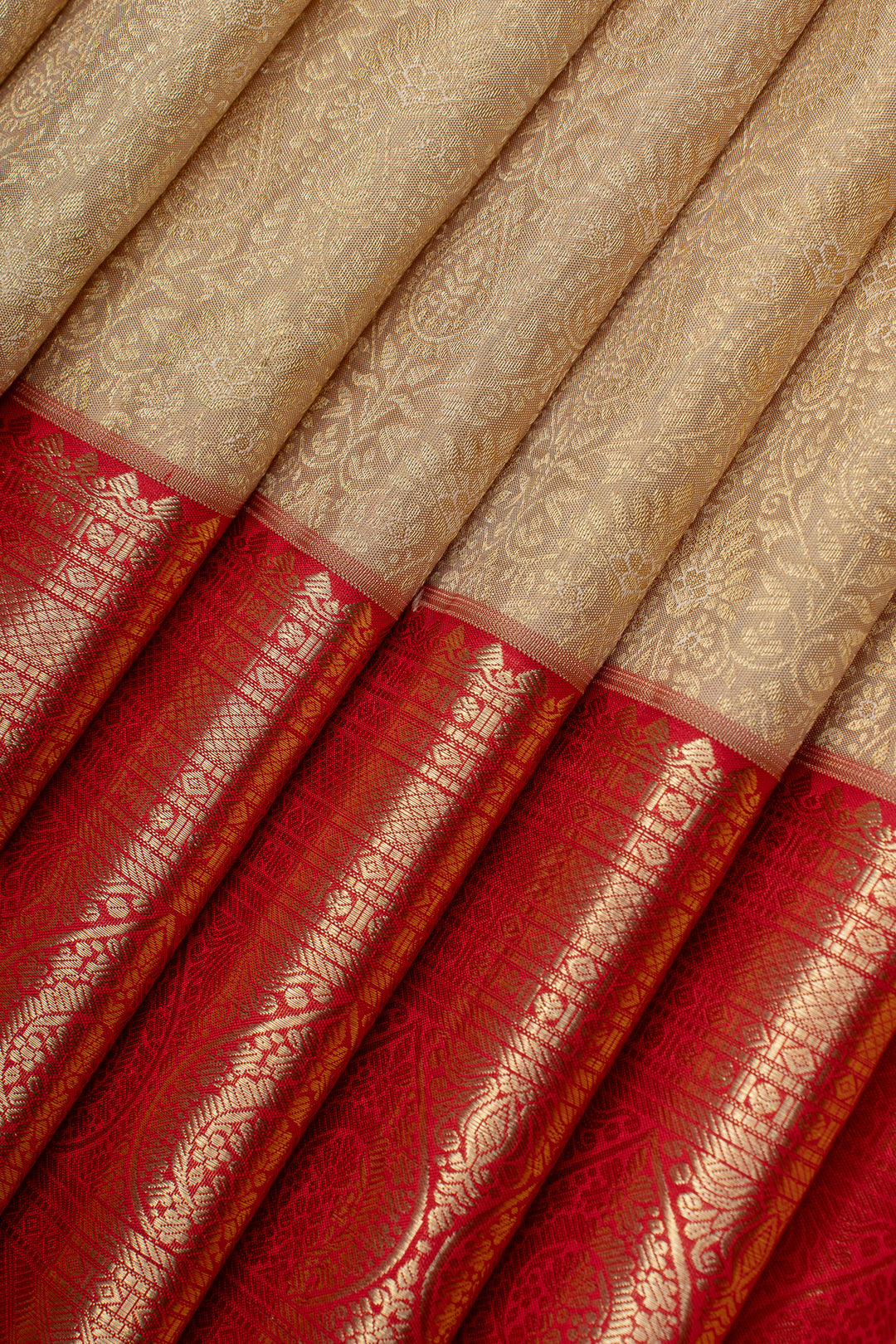 Champagne gold and red floral brocade pure kanchipuram silk saree