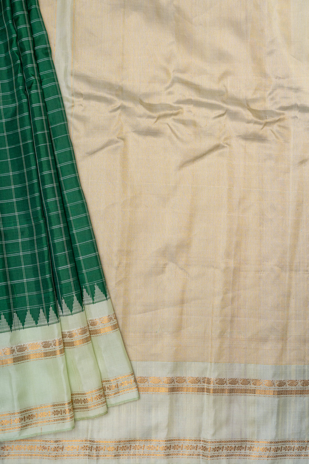 Bottle green and pista green checks Kuttu Gadwal Silk Saree