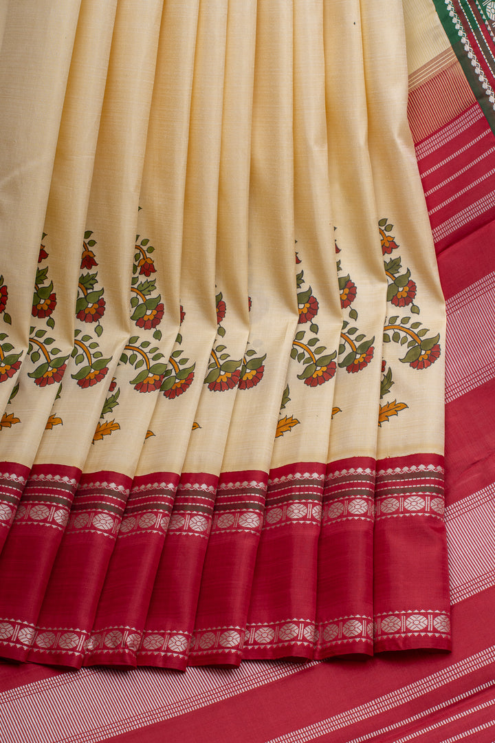 Cream Handpainted artistic Kanjivaram silk saree