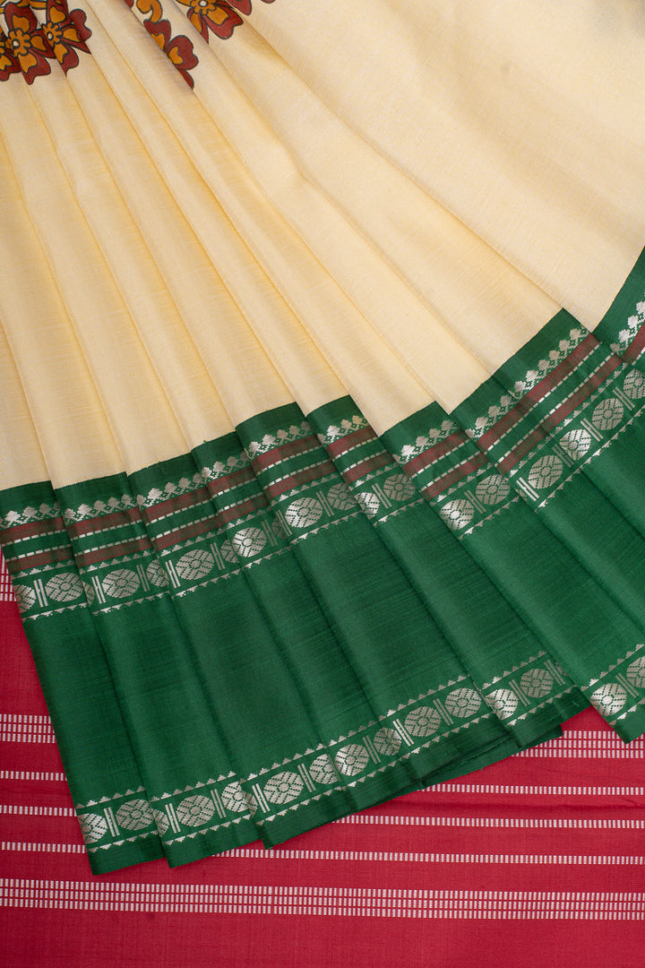 Cream Handpainted artistic Kanjivaram silk saree