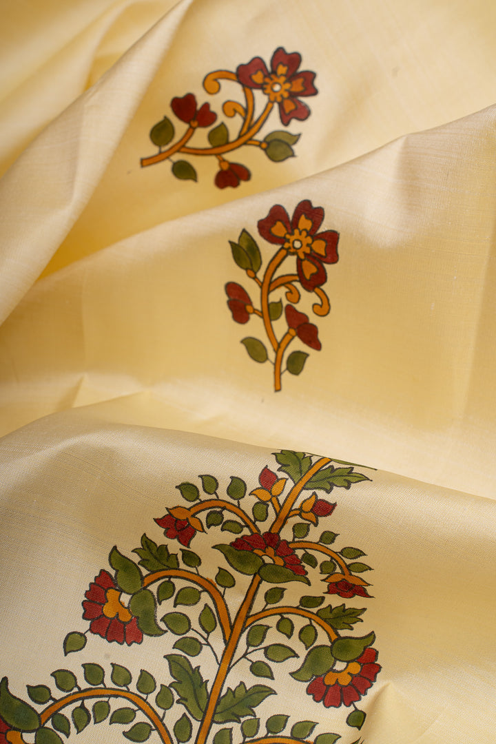 Cream Handpainted artistic Kanjivaram silk saree