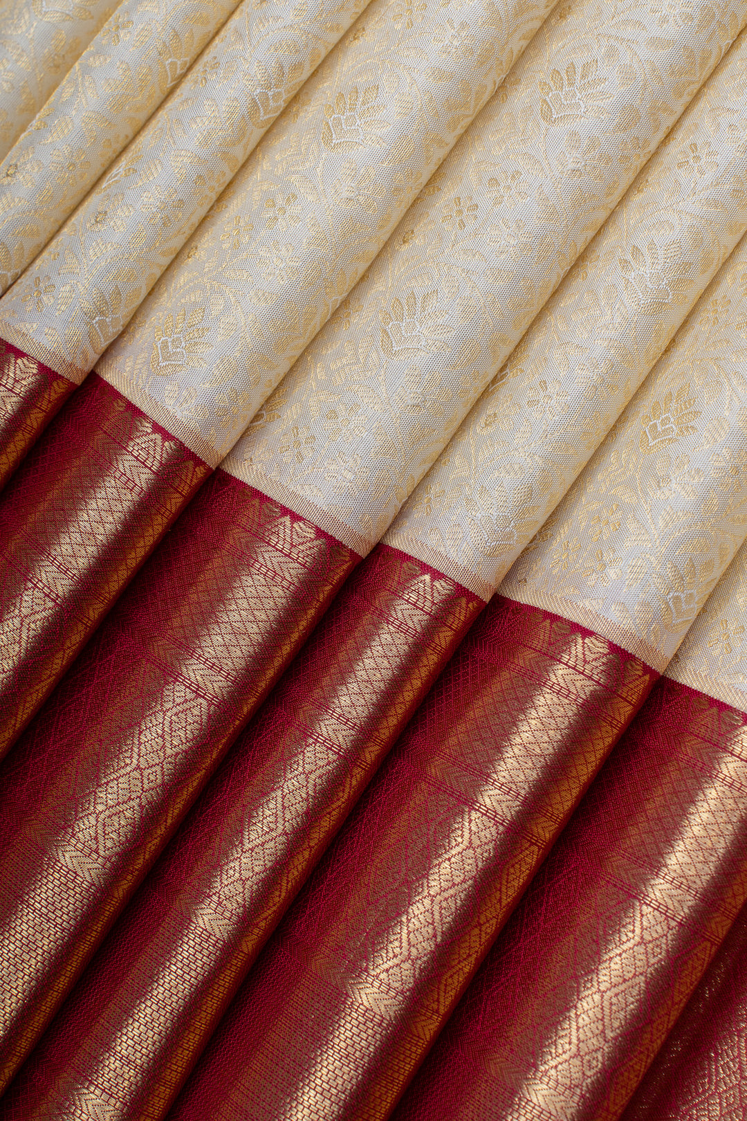 Ivory and red brocade pure kanchipuram silk saree