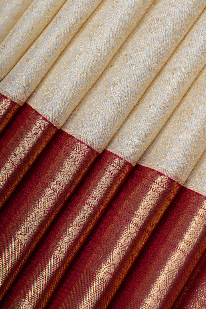 Ivory and red brocade pure kanchipuram silk saree