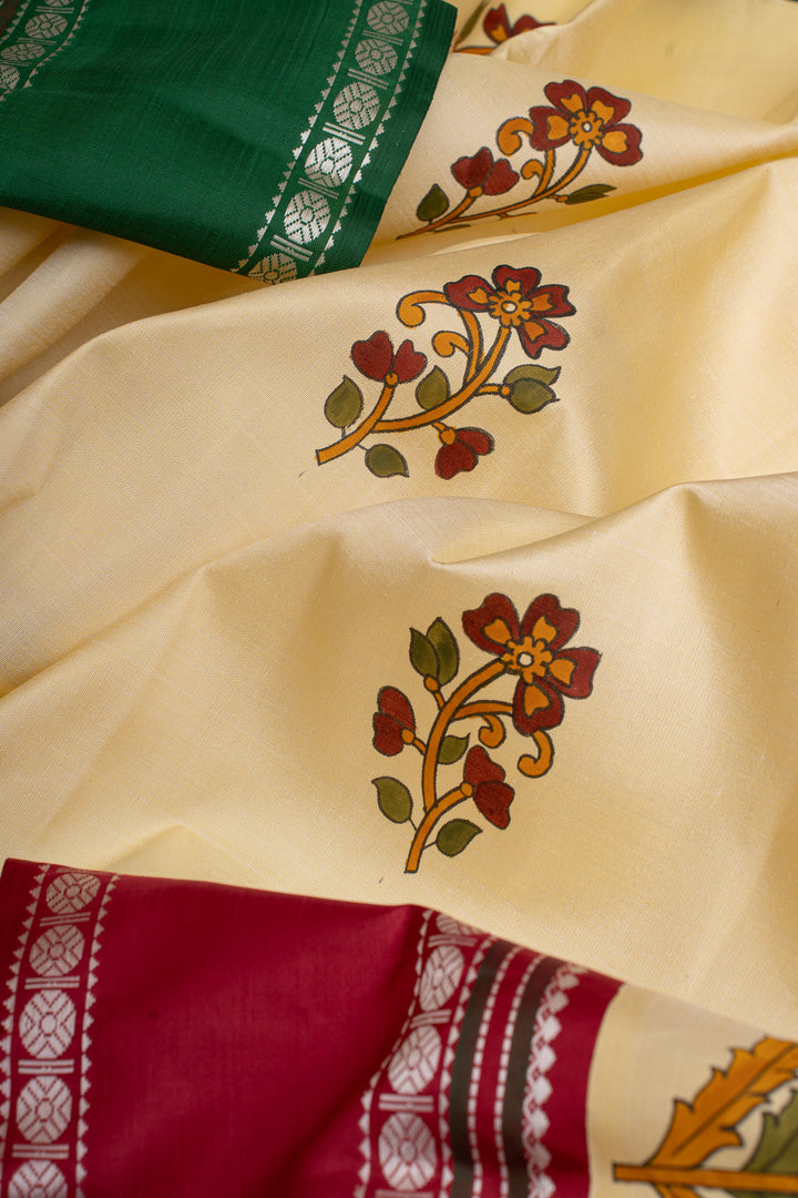 Cream Handpainted artistic Kanjivaram silk saree