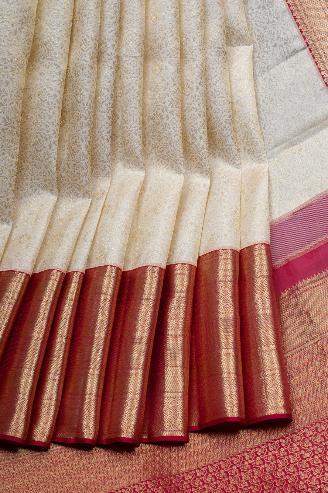 Ivory and red brocade pure kanchipuram silk saree