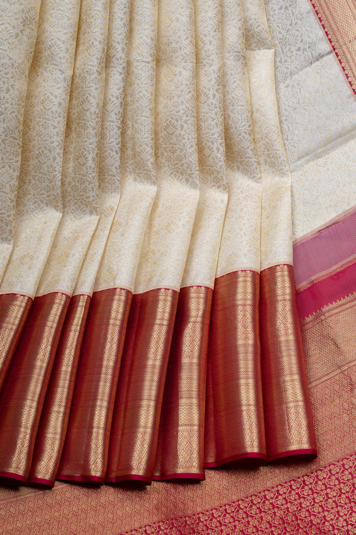 Ivory and red brocade pure kanchipuram silk saree