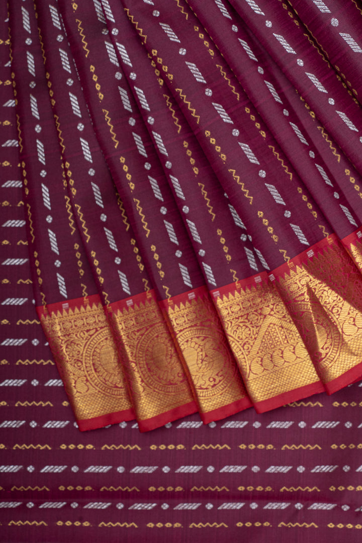 Purple and red stripes pure kanchipuram silk saree