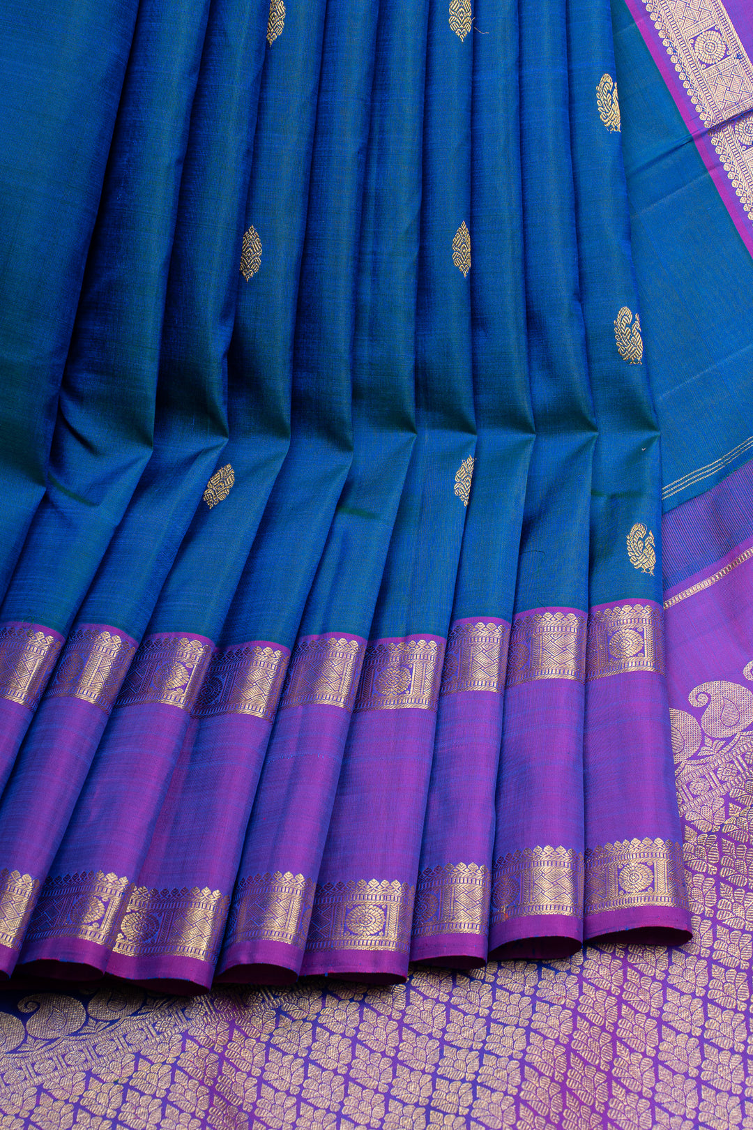 Peacock blue and purple pure kanchipuram silk saree