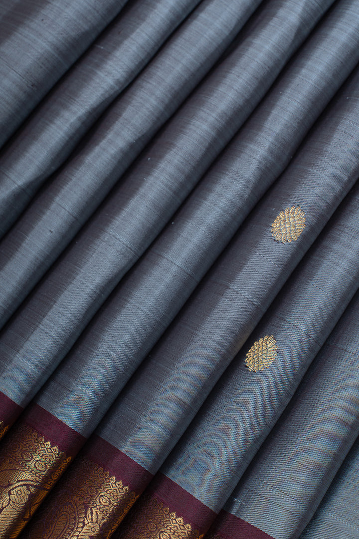 Bluish grey and maroon pure Kanchipuram silk saree