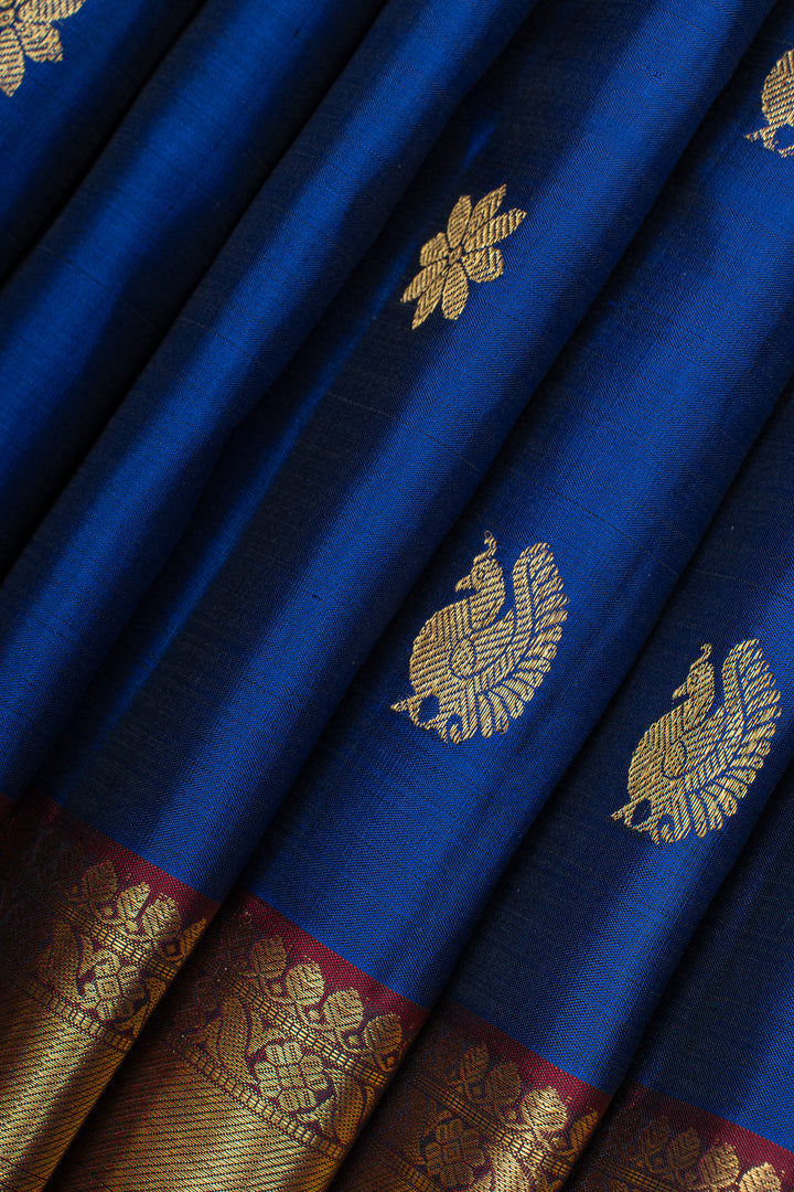 Ms blue and maroon  traditional pure kanchipuram silk saree