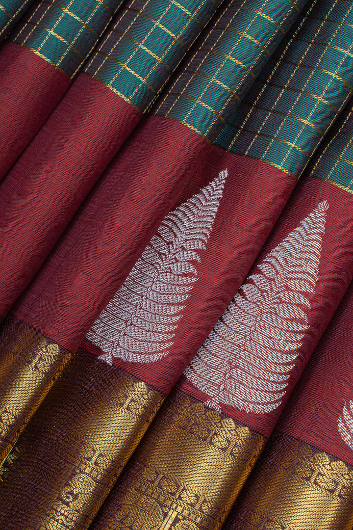 Peacock green and maroon zari checks pure kanchipuram silk saree
