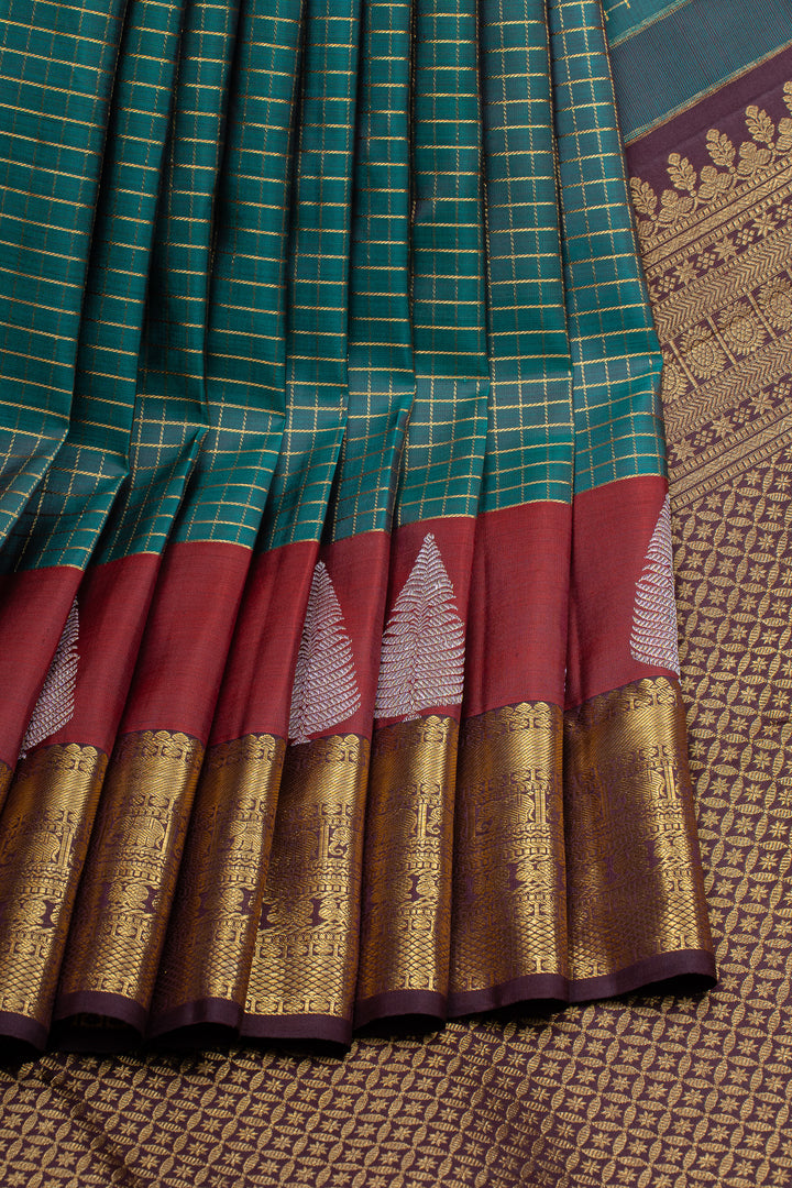 Peacock green and maroon zari checks pure kanchipuram silk saree