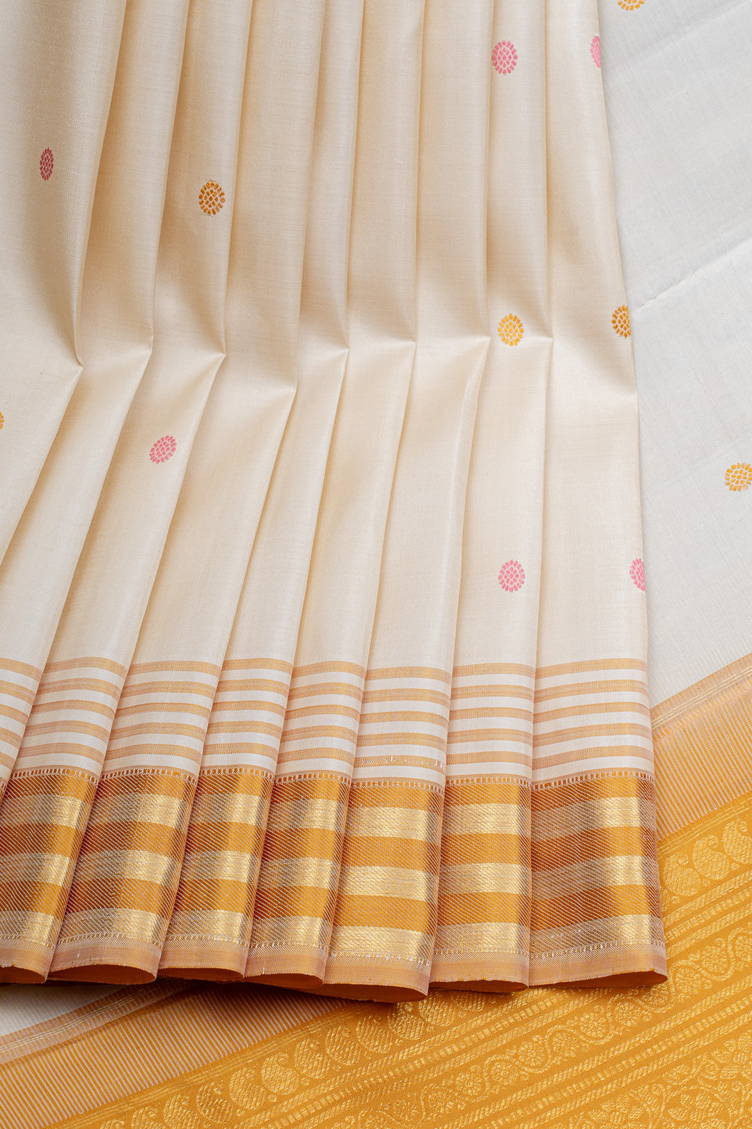 Ivory and mustard Ganga Jamuna pure kanchipuram silk saree