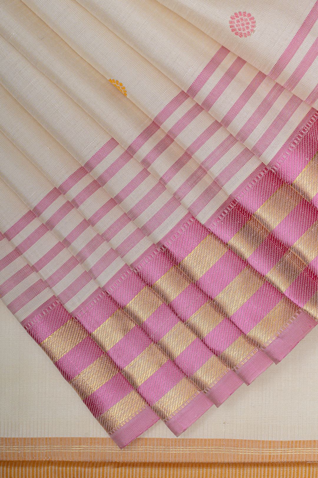 Ivory and mustard Ganga Jamuna pure kanchipuram silk saree