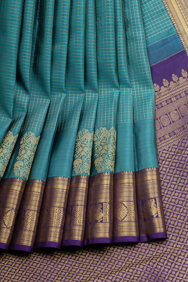 Sapphire blue Zari checks pure kanchipuram silk saree