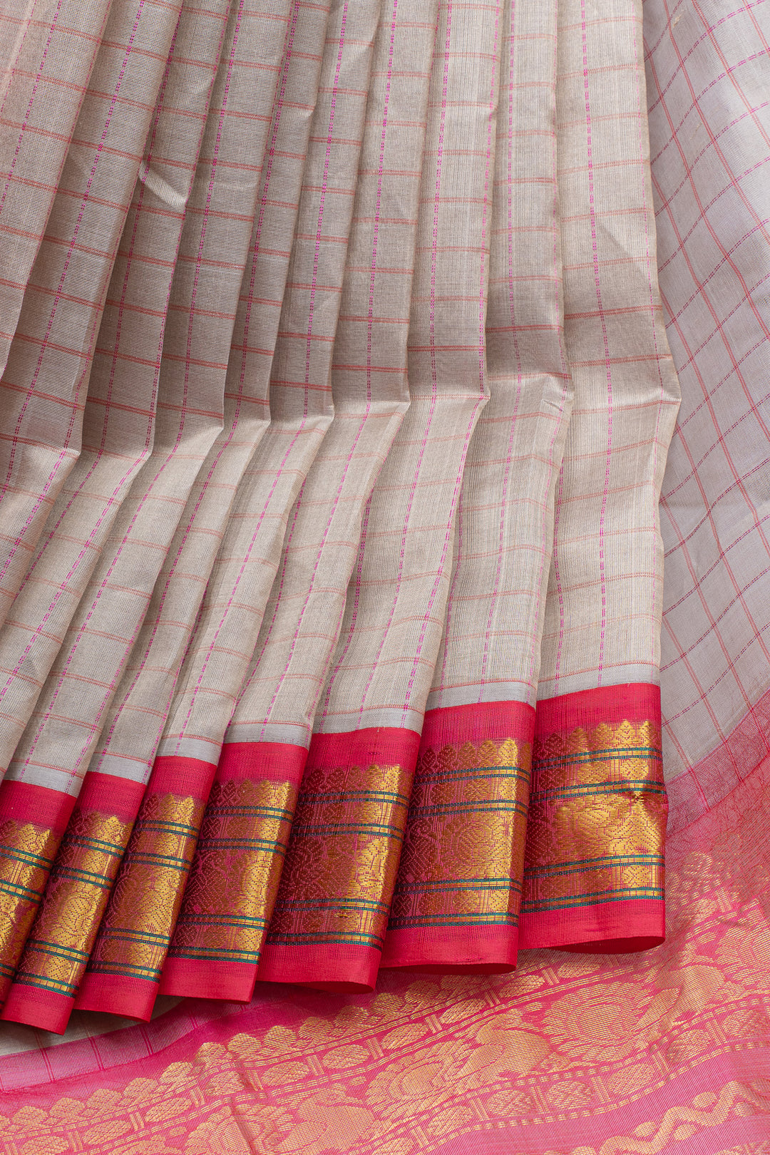 Grey and pink checks pure silk cotton saree