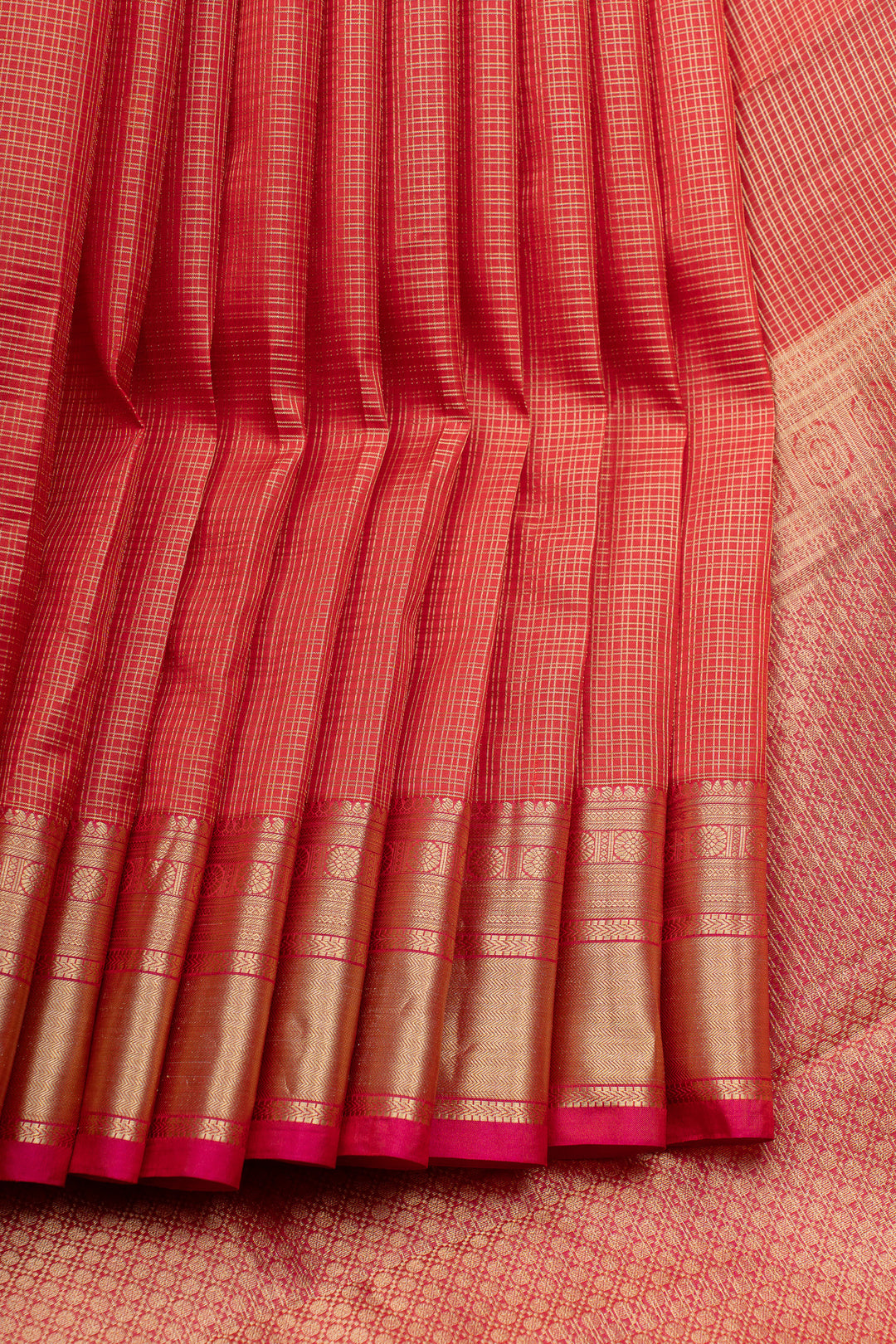 Reddish pink checks pure Kanchipuram silk saree