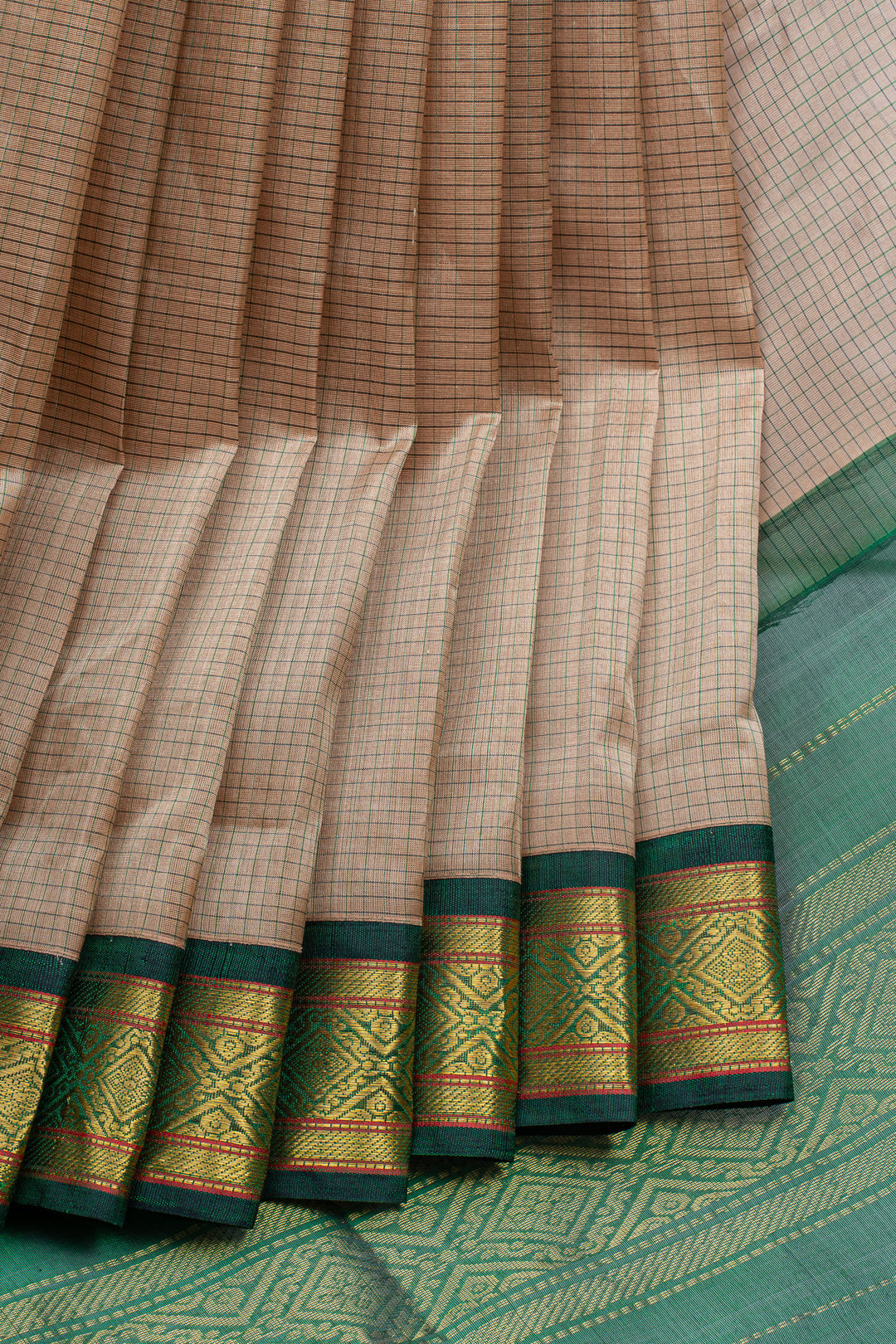 Beige and green checks pure silk cotton saree