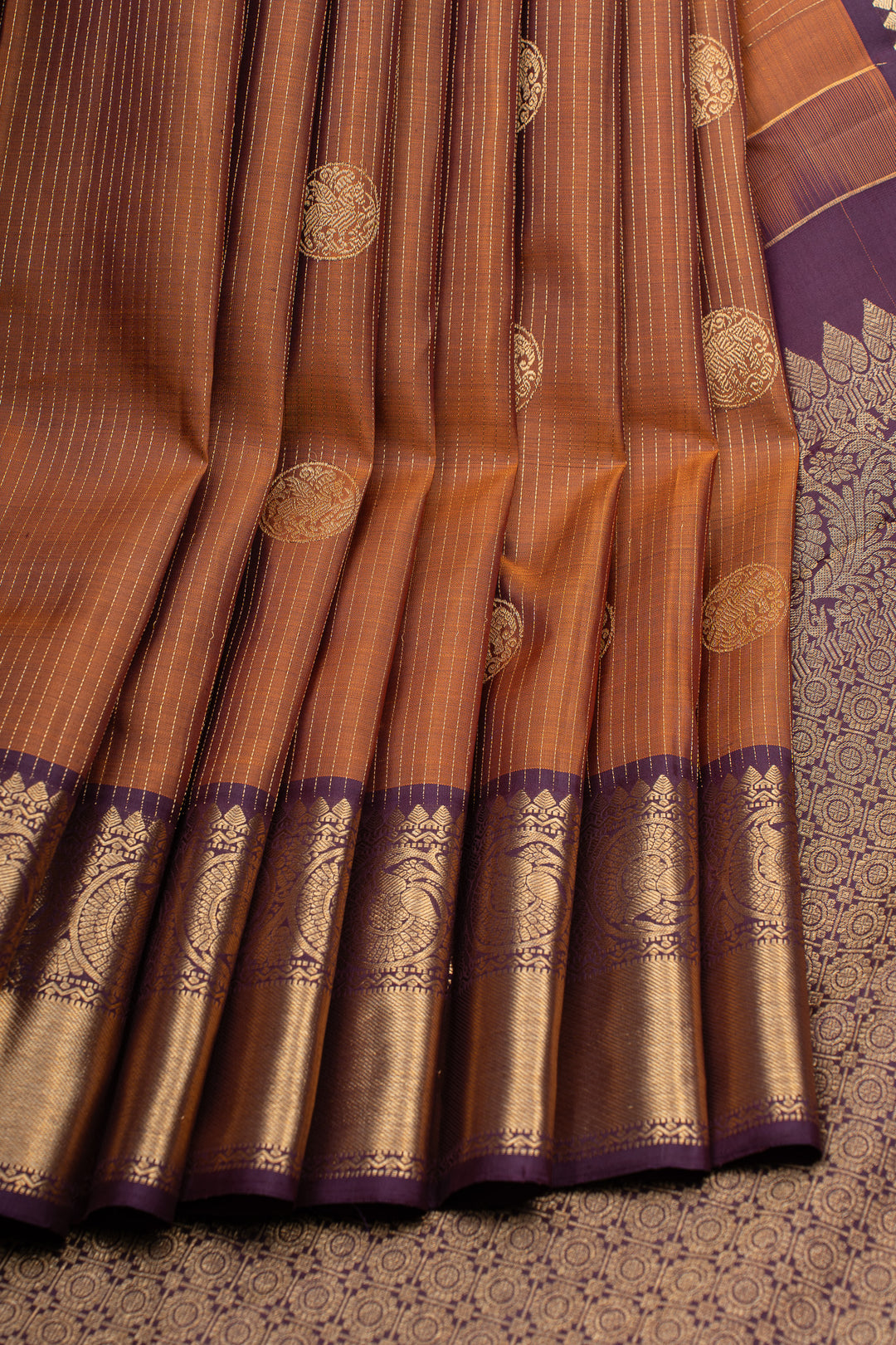 Mustard and jamun stripes pure Kanchipuram silk saree
