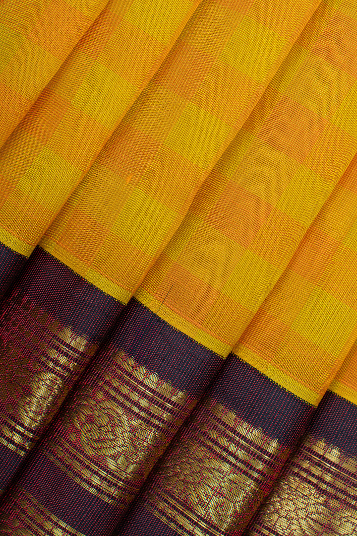Yellow and jamun checks pure silk cotton saree