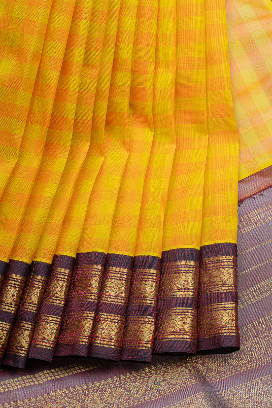 Yellow and jamun checks pure silk cotton saree