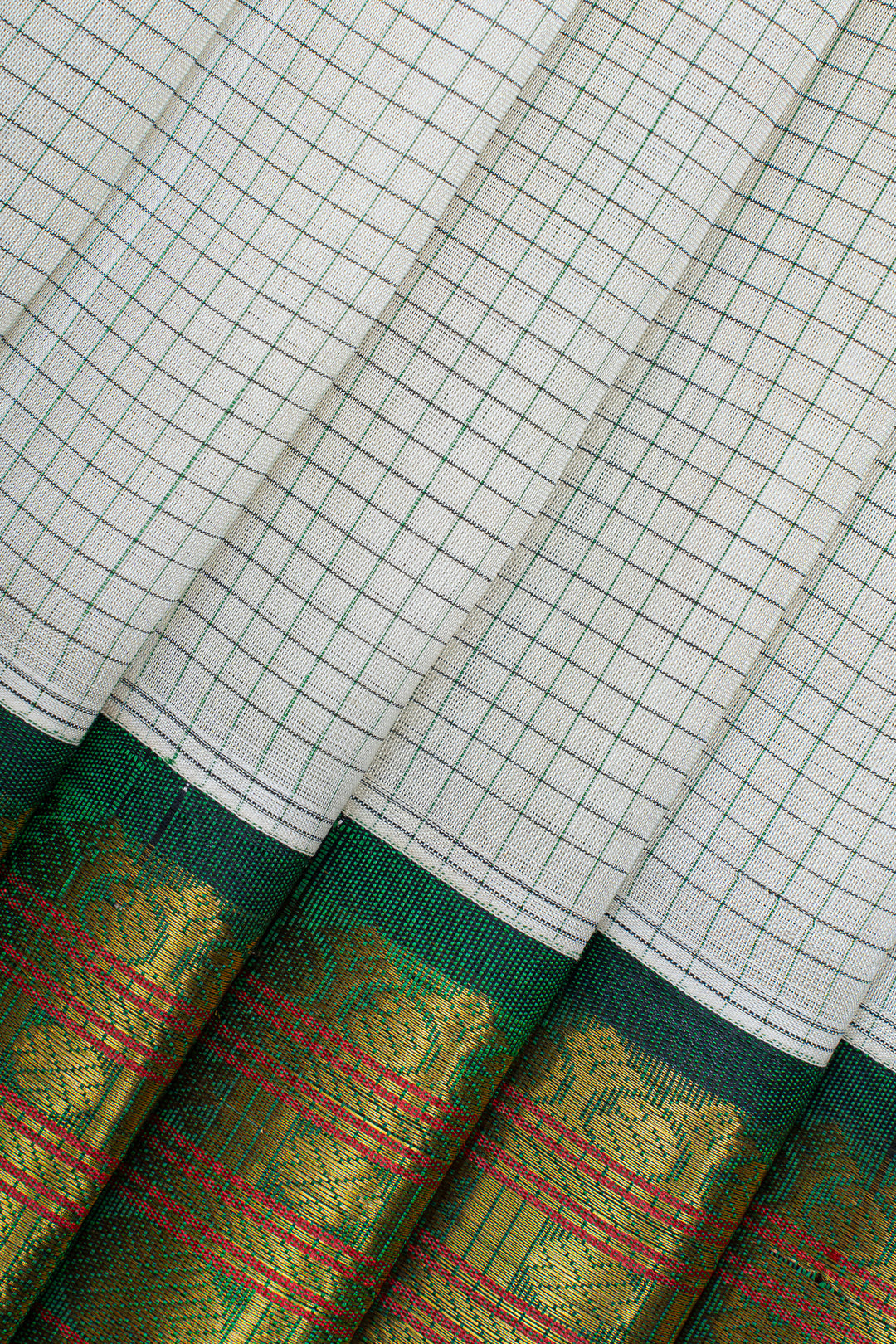 Off white and green checks pure silk cotton saree