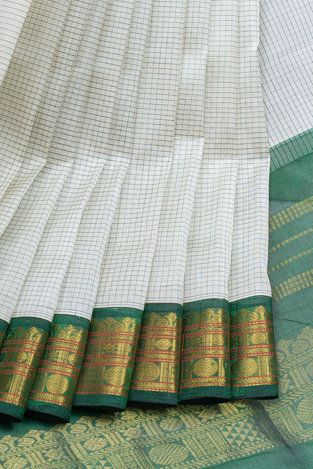 Off white and green checks pure silk cotton saree