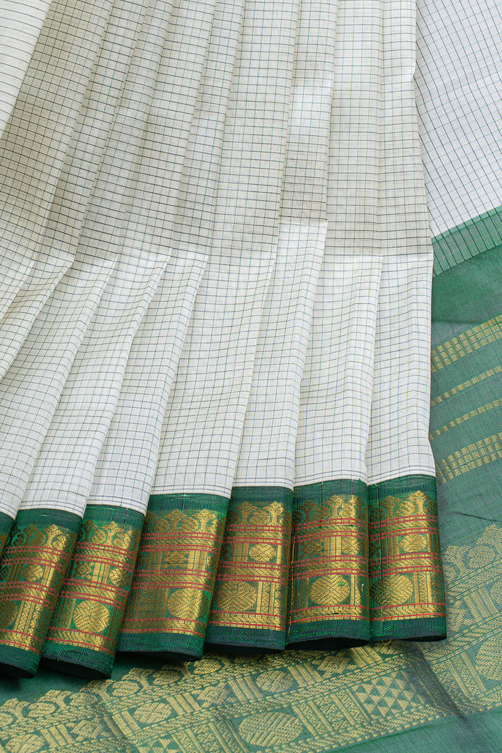 Off white and green checks pure silk cotton saree