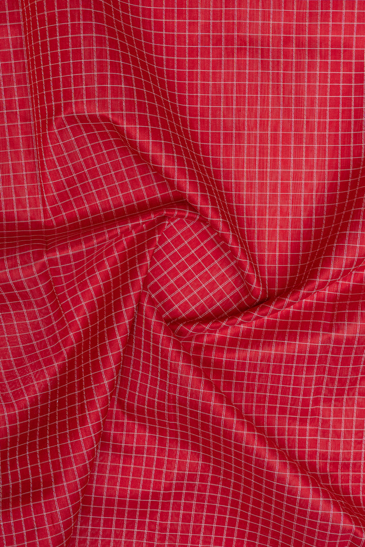 Red and ivory checks  pure silk cotton saree