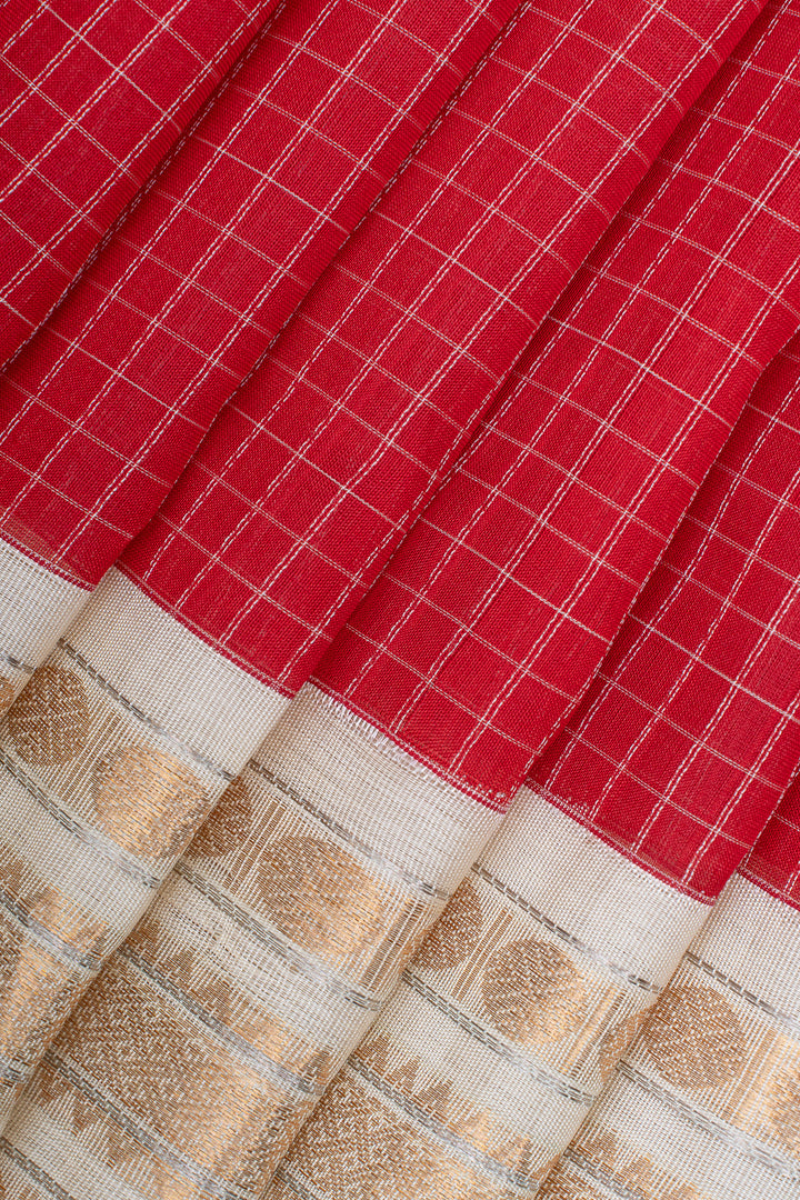 Red and ivory checks  pure silk cotton saree
