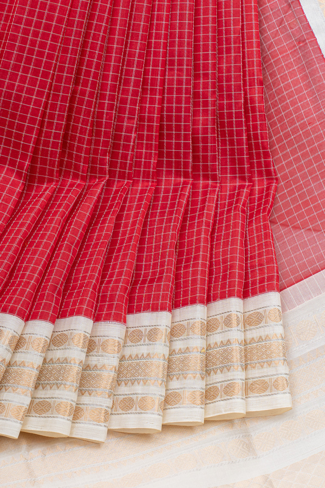 Red and ivory checks  pure silk cotton saree