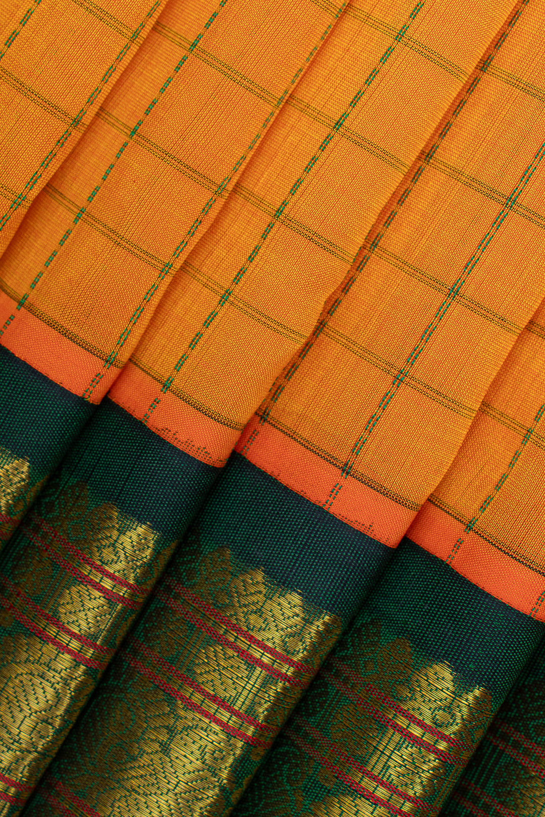Orange and green checks pure silk cotton saree