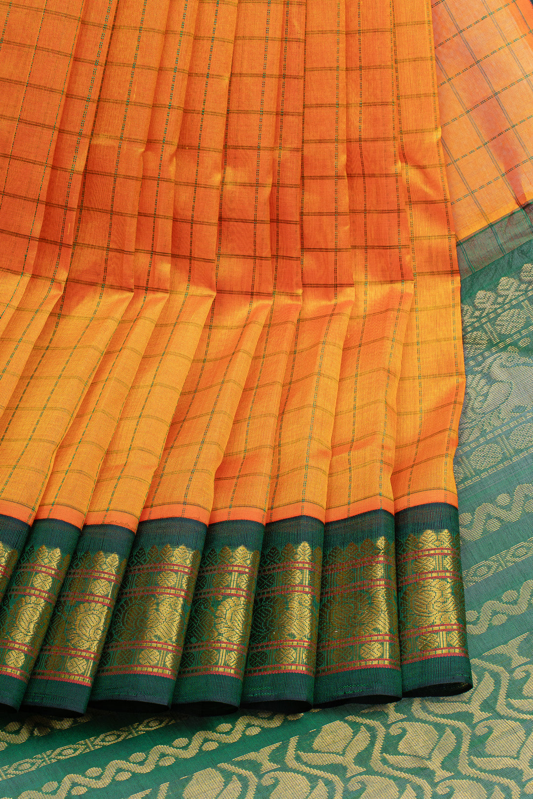 Orange and green checks pure silk cotton saree