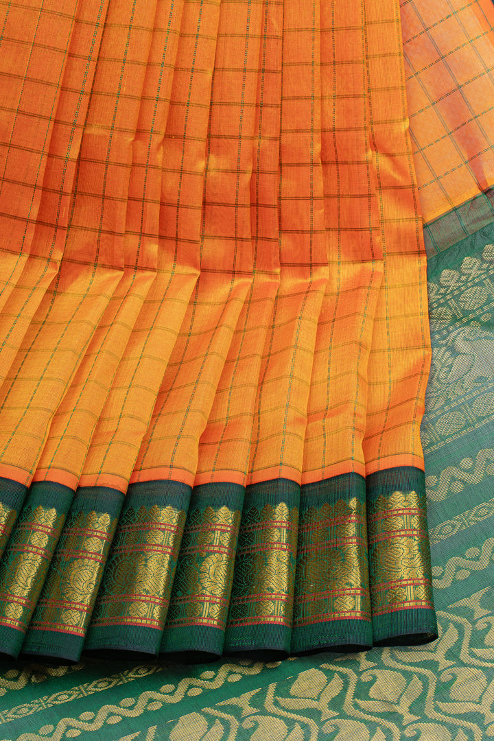 Orange and green checks pure silk cotton saree