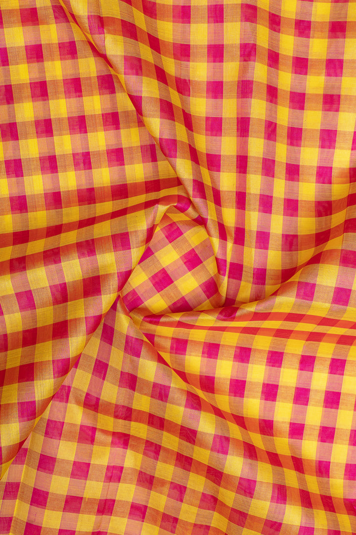 Pink and yellow multi checks rettai pettu pure silk cotton saree