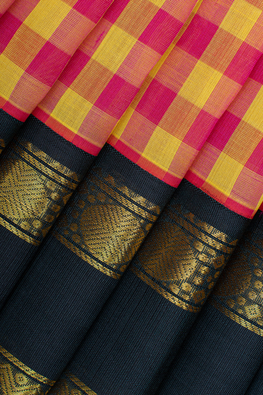 Pink and yellow multi checks rettai pettu pure silk cotton saree