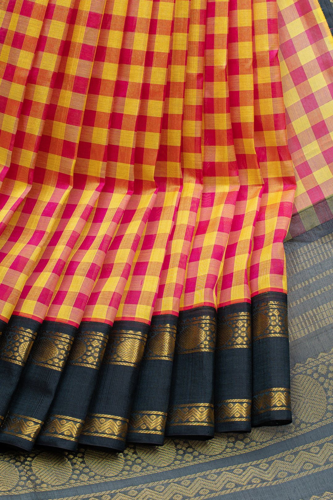 Pink and yellow multi checks rettai pettu pure silk cotton saree