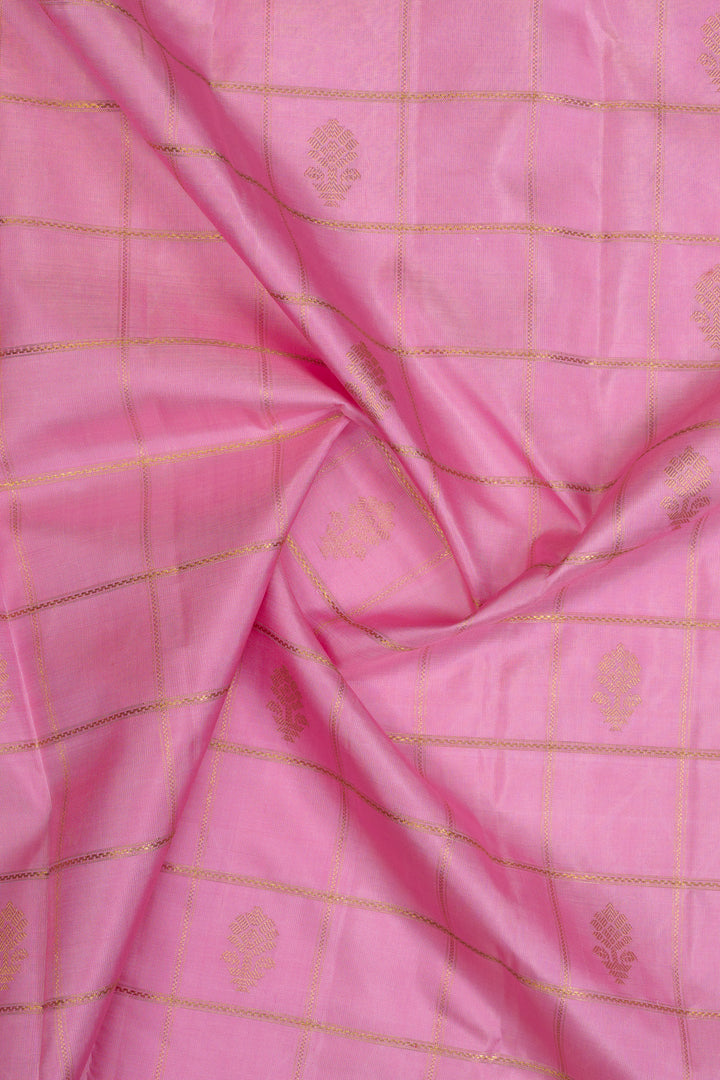 Vintage pink and khaki Jamdani checks pure kanchipuram silk saree