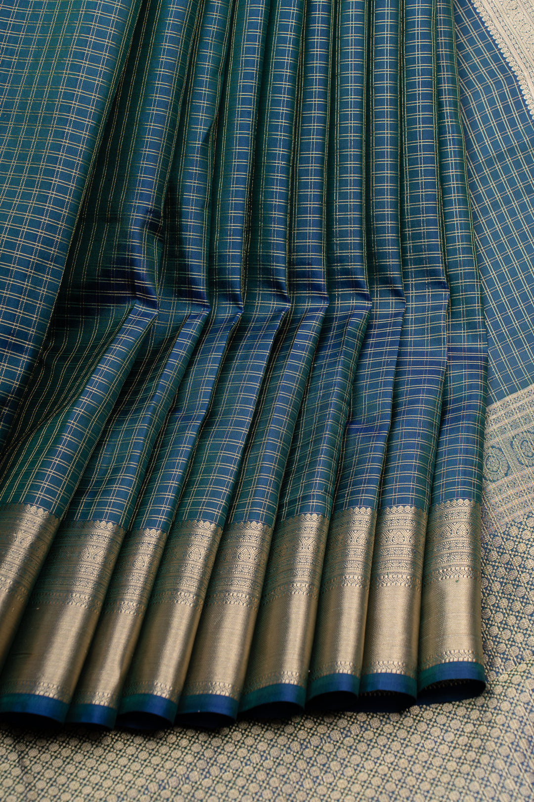 Peacock blue check pure kanchipuram silk saree