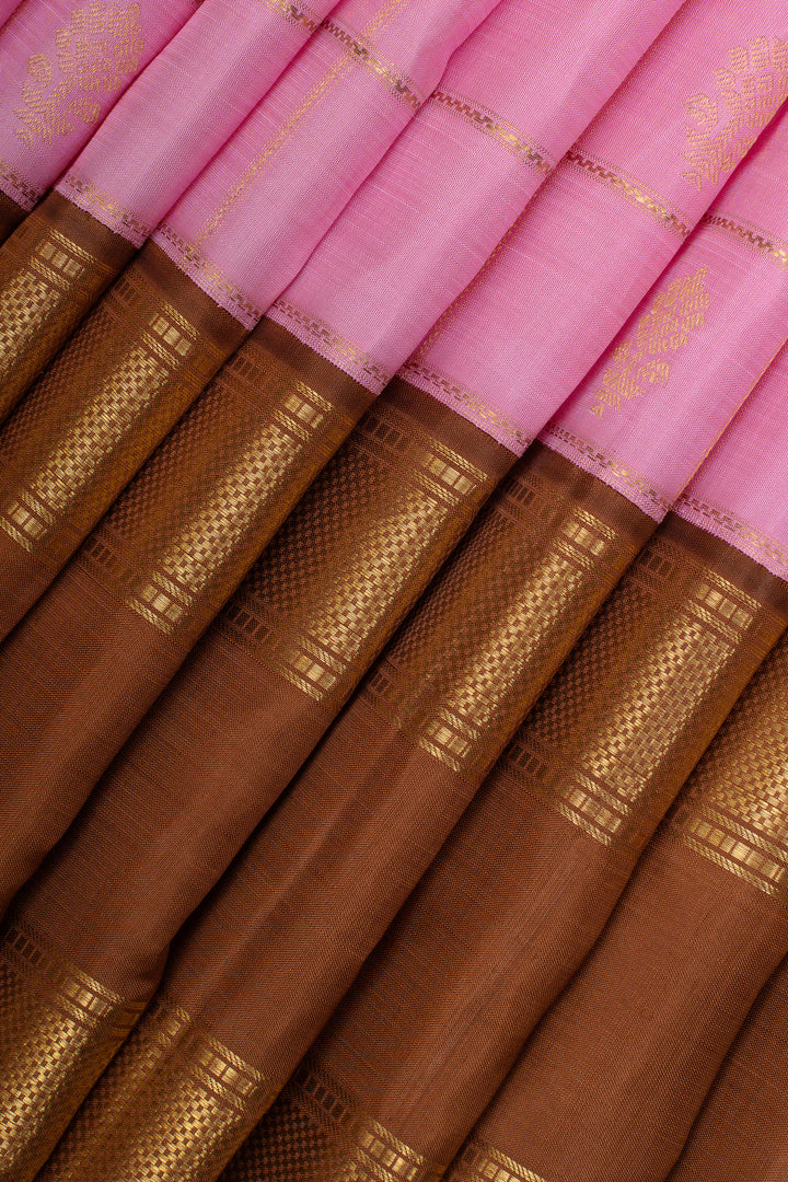 Vintage pink and khaki Jamdani checks pure kanchipuram silk saree