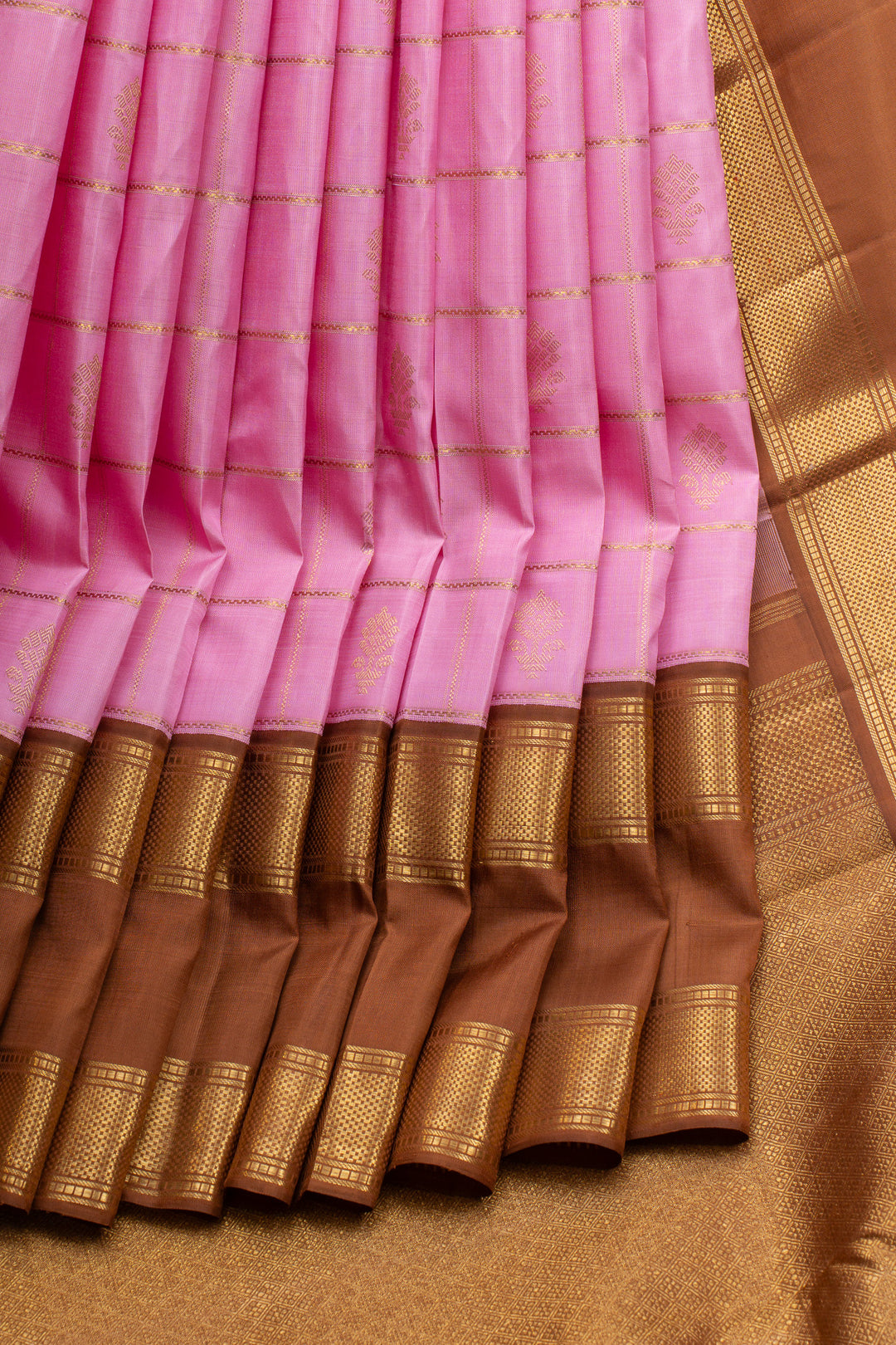 Vintage pink and khaki Jamdani checks pure kanchipuram silk saree