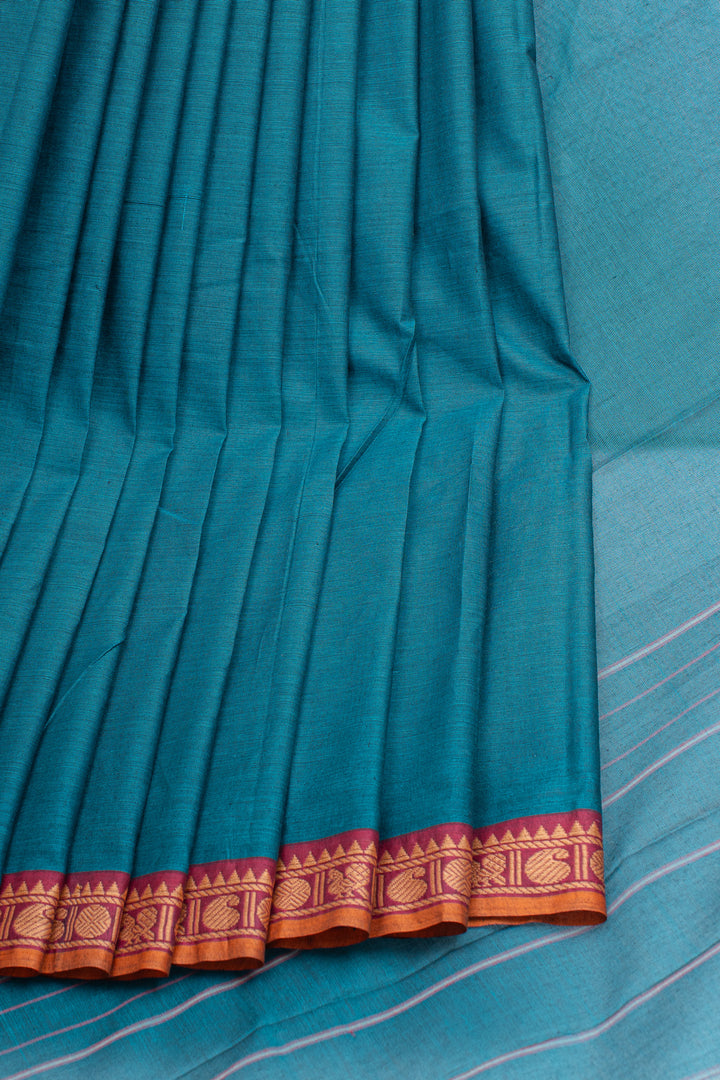 Peacock blue traditional pure cotton saree