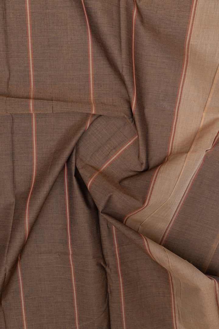 Dark beige small border pure cotton saree