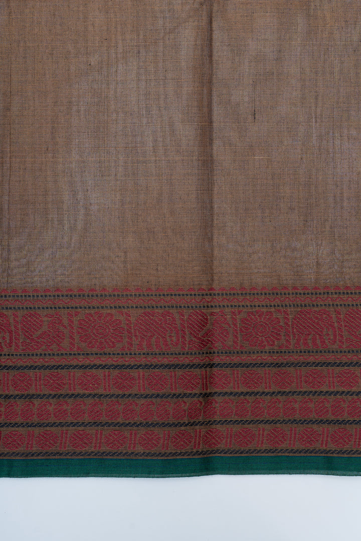 Dark beige small border pure cotton saree