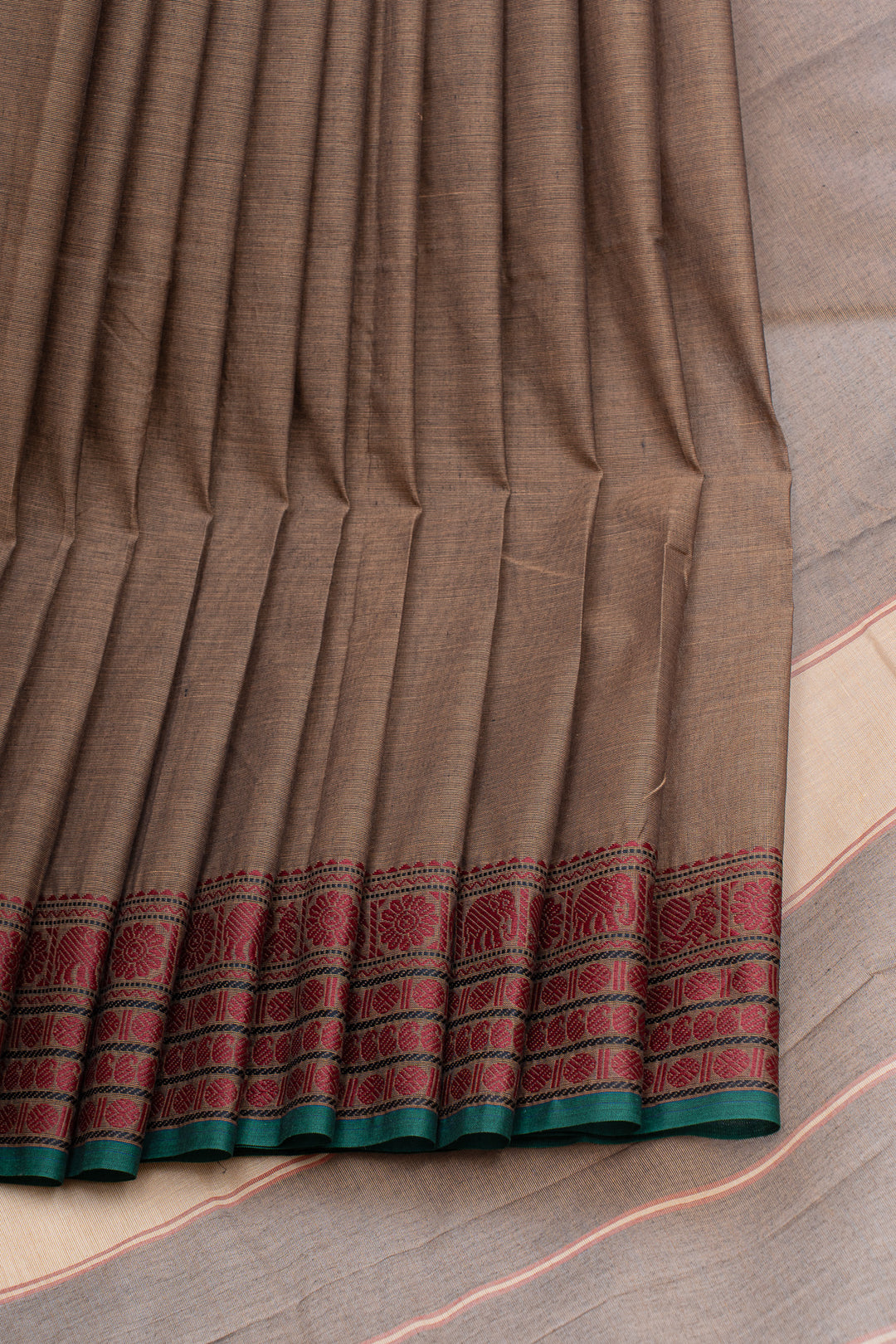 Dark beige small border pure cotton saree