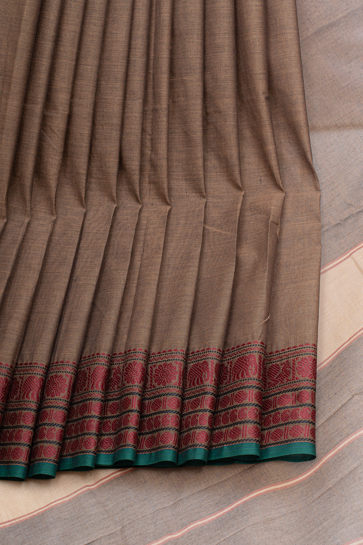 Dark beige small border pure cotton saree