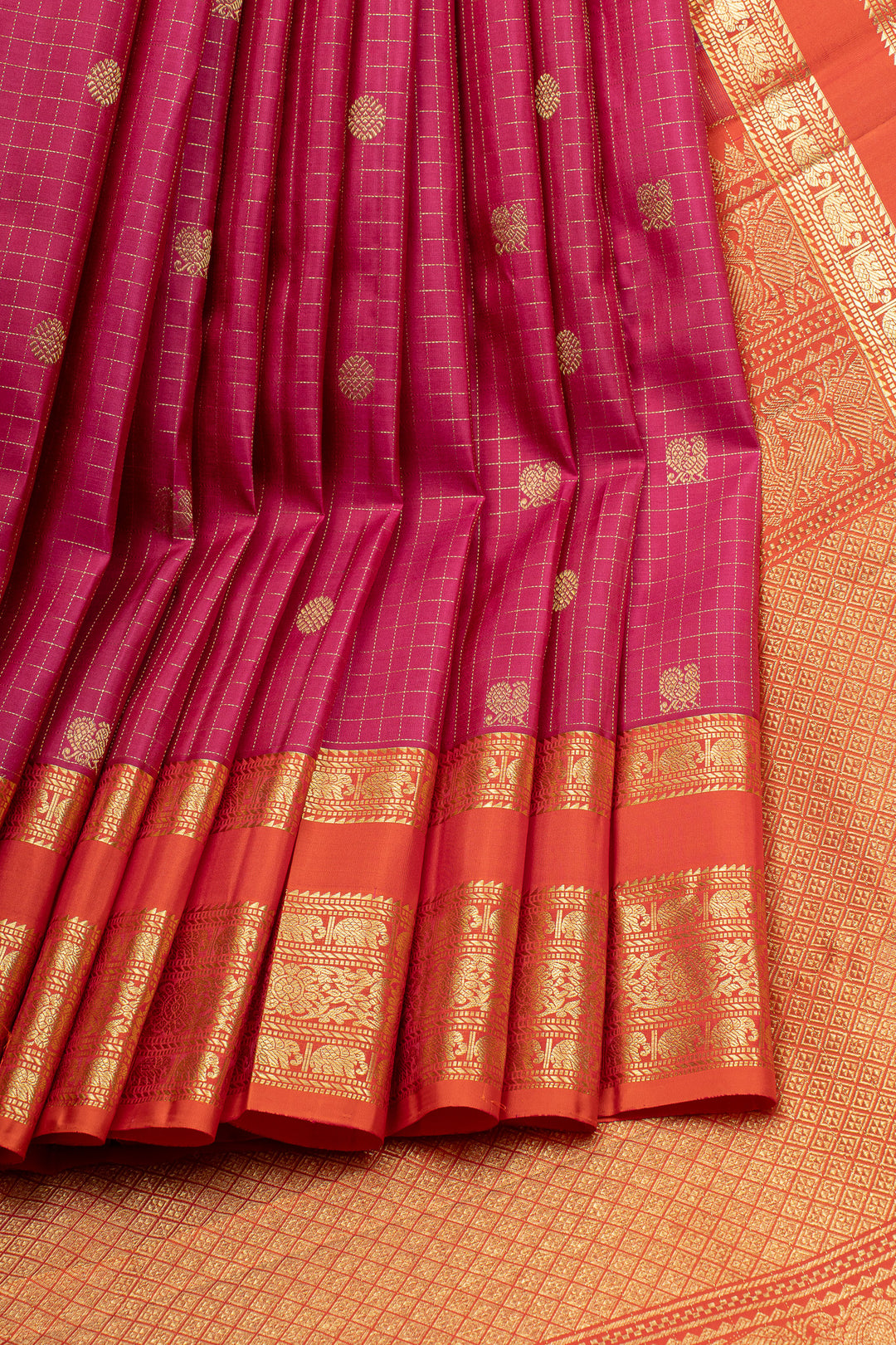 Pink and orange zari checks pure kanchipuram silk saree