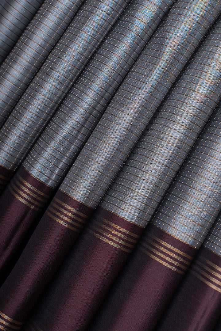 Grey and purple Zari checks pure soft silk saree