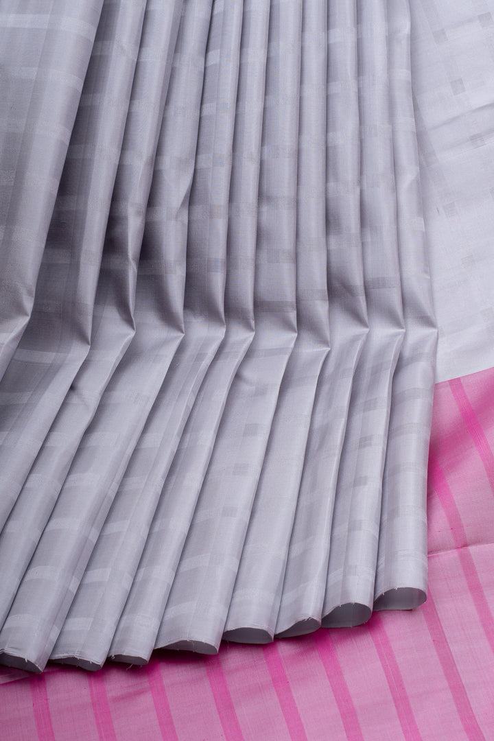 Grey dupian checks borderless pure kanchipuram silk saree